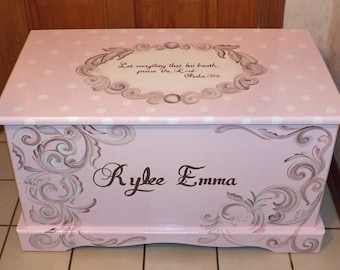 Custom Hope Chest or toy box with a verse of your choice on lid and inside and personalized with name.