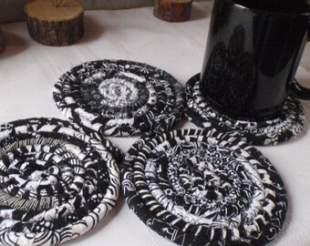 Black and White Bohemian Coasters - Set of 4 Absorbent Coasters, Handmade by Me