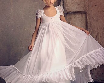 First Communion Dress, Flower Girl White Chiffon Dress, Boho-chic Girls Dress,Chiffon dress girls, Boho flower girl dress, Bohemian Wedding
