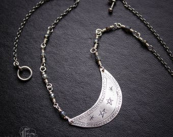 Lunula Witches Moon Necklace. Crescent Moon with Pentagram Necklace.