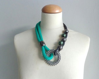 Green black tribal statement colorful necklace