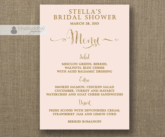 Bridal Shower Menu Template blush pink gold menu glitter bridal shower bohemian wedding