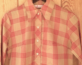 1970's Shirt Dress / Mini Dress / Long Sleeve / Plaid / Belted / Small- Medium