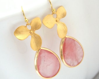 Coral Earrings, Peach, Pink, Gold Orchid Flower Earrings, Glass Earrings, Flower, Wedding Jewelry, Bridesmaid Earrings, Bridesmaid Gifts
