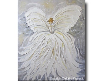 GICLEE PRINT Art Abstract Angel Painting White Grey Gold Home Decor Gift Wall Art Guardian Angel White Acrylic Painting Spiritual Christine