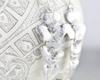 Silver Orchid Earrings, Floral Dangle Earrings, Long Flwer Drops Bridal Jewelry, Bridesmaids Gift, Cascading orchids, Nickel Free Earrings