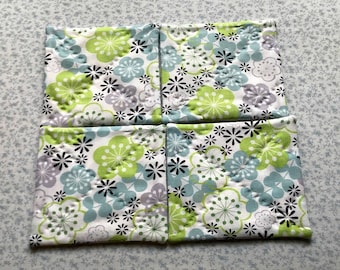 blue green and grey flowers hand quilted set of mug rugs coasters