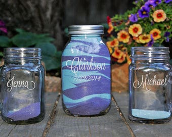 Mason Jar Unity Sand Set, Personalized Sand Ceremony Set, Engraved Rustic Unity Set, Custom Wedding Sand Ceremony, Beach Wedding 70 DESIGNS