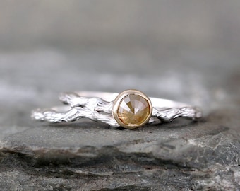 Twig Engagement Ring Golden Rose Cut Diamond - Sterling Silver 14K Yellow Gold - Tree Branch Rings - Nature - Alternative Engagement Ring