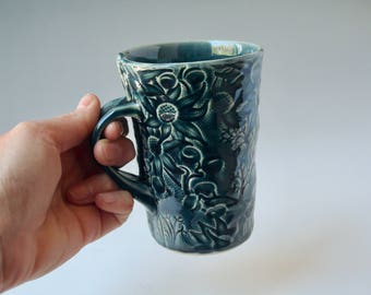 Dark Blue mug with Australian Flannel Flower design