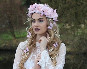 Pink butterfly flower crown, flower garland, Lana Del Ray, Wedding headpiece, nature inspired, vintage inspired, rustic rose, love.