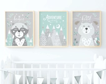 Turquoise Nursery, Turquoise Wall Art, Duck Egg Blue Nursery Wall Art, Duck Egg Blue Nursery Decor, Woodland Nursery, Woodland Animals