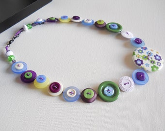 Button Necklace, Button Jewellery, Statement Necklace, Purple Necklace, Green Necklace, Unique Necklace, Handmade Necklace, Quirky Necklace