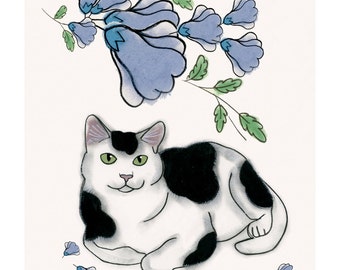 Cat art print black and White cat print - This is Robert 4" X 6" kitty print - 4 for 3 Sale