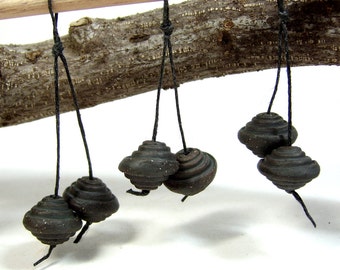 A Pair of Hand Made One of a Kind Layered Step Bi-cone Ceramic Clay Beads Finished with Black Terra Sigillata, Jewelry Components