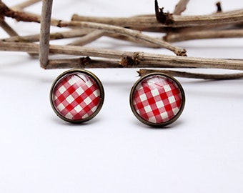 Earrings Cabochon Plaid Red Rockabilly