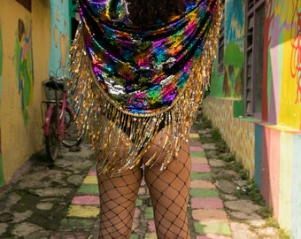 Festival Clothing, Rainbow, Kimono Cape, Fringe Coverup, Sequin Coverup, Boho Kimono, Kimono Robe, Festival Wear, Pole Dance, One of a Kind