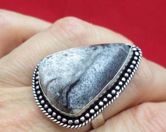 Silver plated Adjustable ring and dendritic Opal (BA160)