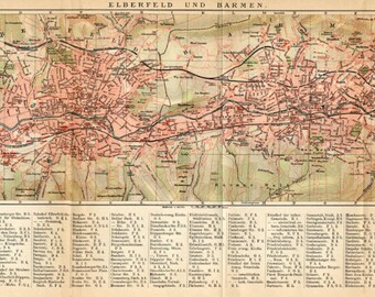 1905 Original Antique Dated City Map of Elberfeld and Barmen