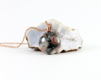 Crazy Lace Agate Necklace with Raw Copper Chain - Natural Stone Necklace - Agate Pendant - Red, Orange, White, Gray, Rust - Leaf Necklace