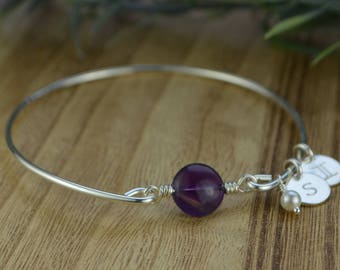 Amethyst Bangle Bracelet- Small Round Amethyst with or without Charms, Sterling Silver Filled Wire Wrap Bracelet-Custom Made to Size