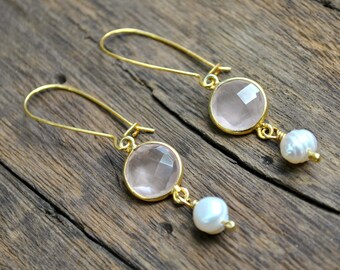 Rose Quartz Earrings Gold Pink Quartz Jewelry Pearl Earrings Dangle Earrings Bridesmaid Earrings Gift For Women Gift for mother Gift for her