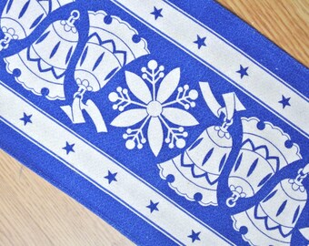 Swedish retro vintage 1950s printed blue/ white cotton christmas snowflake/ bell motive design tabelcloth runner