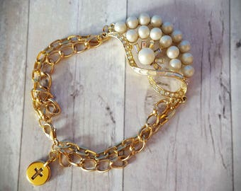 Vintage Gold and Pearl Bracelet, Gold Chain Bracelet, Vintage Gold and Pearl Connector Link, Repurposed and Upcycled Assemblage Jewelry