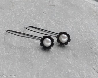 White pearl and black oxidized sterling silver earrings