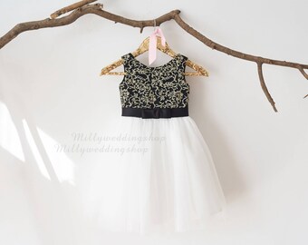 Gold Lace Ivory Tulle with Black Bow Wedding Flower Girl Dress M0063