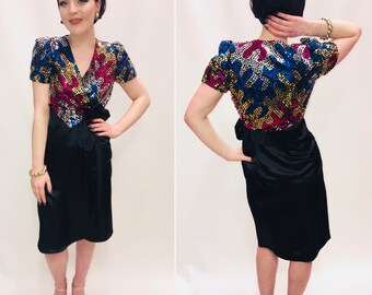 Vintage Sequin Dress, Size 10, Gina Bacconi dress, Bright & Colourful