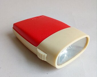 Vintage Red and Beige Plastic Flashlight. Hand Flashlight With Battery. Pocket Flashlight.