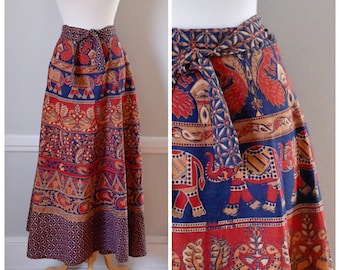70s Skirt / 70s Maxi Skirt / 70s Boho Skirt / 70s Wrap Skirt / India Print / Cotton Skirt / Maxi Skirt / Wrap Around Skirt / Medium / Large