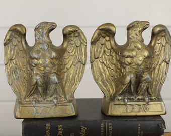 Pair Vintage 1776 Metal Eagle Bookends, Set of Two 2, Book Ends, Historical History Regal Bird, Year 1776, Heavy Metal, Aged Worn Patina Old