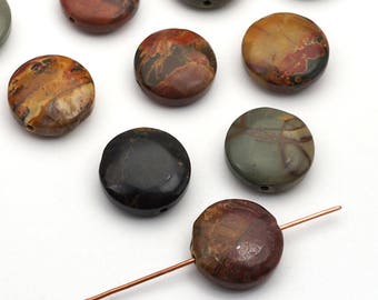 10 pcs red creek jasper disk beads, round flat brown grey green semiprecious lentils 15mm