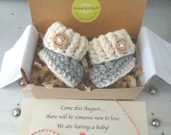 Grandparent Pregnancy Announcement, BOOTIES IN A BOX® Ribbed Cuffs with Wood Buttons, Newborn Baby Booties, Custom Message, Ready To Ship