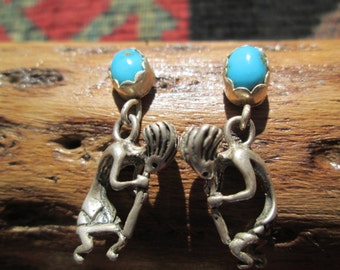 Turquoise and Sterling Kokopelli Dangle Post Earrings