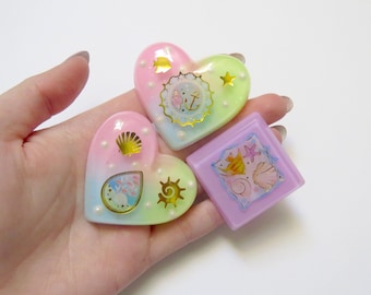 Resin Cabochons - Kawaii Cabochons - Mermaid Cabs - Silicone Whip Case - Decoden Cabochons - Pastel Cabochons - Heart Cabochons - Sea