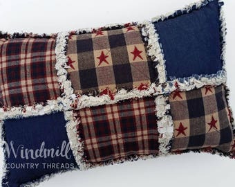 Americana Rag Pillow, Denim, Patriotic Homespun, Stars and Stripes Home Decor, 10"x16", Windmill Country Threads
