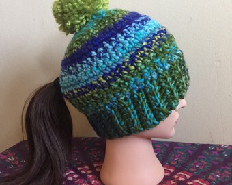 Ponytail pom pom hat- Blues and Greens