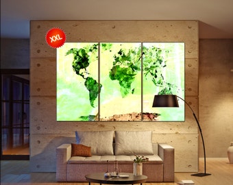Green world map print on canvas wall art Green world map Art Print artwork large world map Print home office decoration