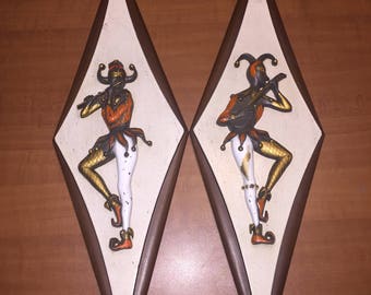 Vintage Wooden Harlequin Jester Wall Hanger 1970s