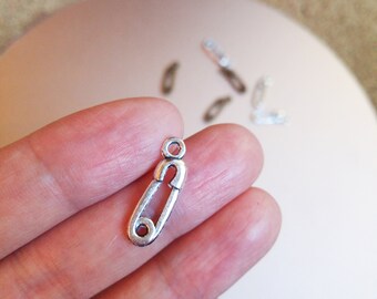 10 Safety Pin Charms, Antique Silver