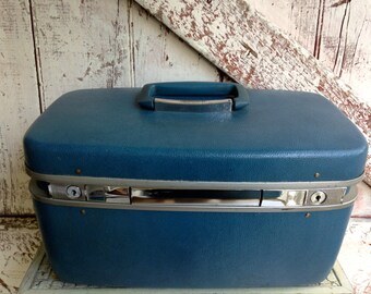 Train Case Samsonite Luggage Blue vintage Carry On Cosmetic Case Toiletries Bag hard shell case