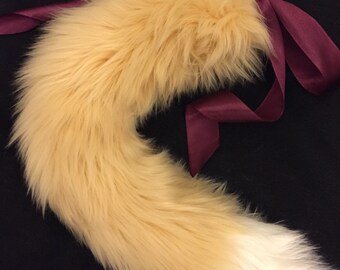 Luxury Cream Tail With White Tip Fox Wolf Kitten Play BDSM Tail Faux Fur 25 Inch