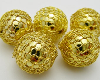 Gold Colored Mesh Covered Acrylic 12mm Round Beads-R