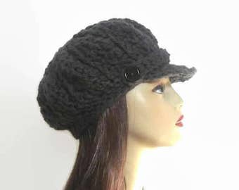 Gray Newsboy Cap Gray News boy Charcoal Cap Crochet Newsboy Dark Gray Hat with Visor Crochet Cap with Buttons gray knit hat with Visor