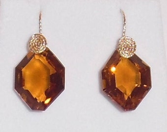 28cts Natural Fancy Madeira Citrine gemstones, 14kt yellow gold Pierced Earrings