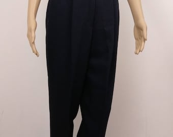 Vintage High Waist Trouser. 80's. 90's. Navy Blue. Pleat front. 26 inch waist. Size 10-12. Wool Blend