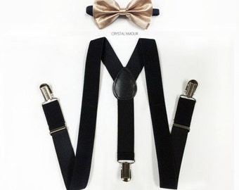 boys suspenders, champagne bowtie, soft gold bowtie, black suspenders, toddler suspenders, boy suspenders, suspenders, black suspenders